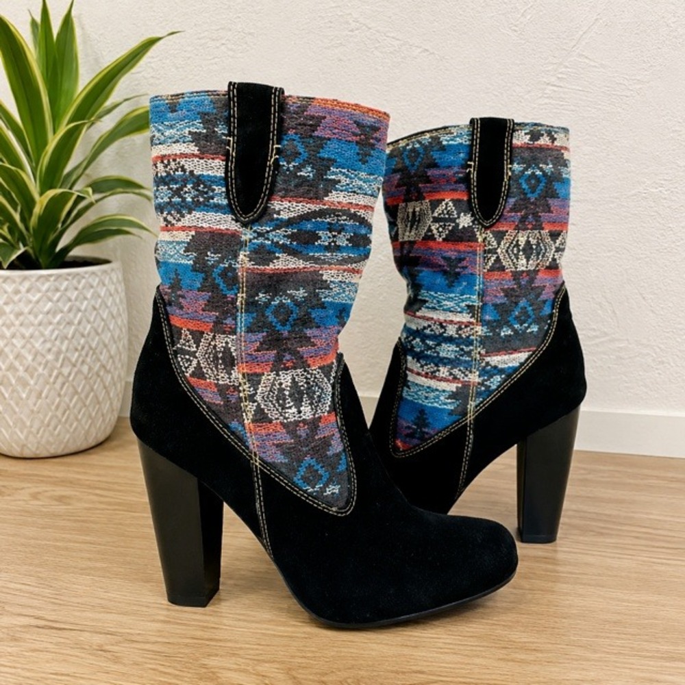 MIA Explorer Womens 10 Black Suede Aztec‎ Western Heeled Mid Calf Boots